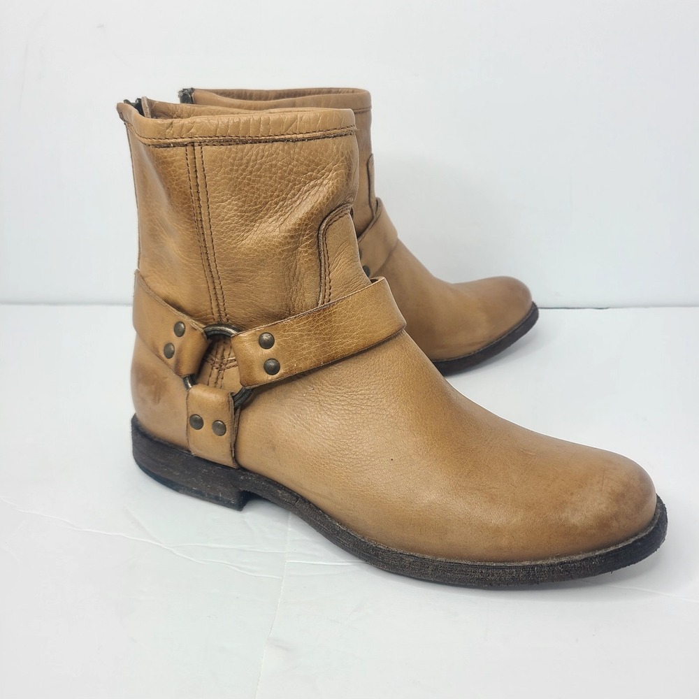 Frye Harness Moto Boots Women 8.5 M Tan Biker Back Zip Up Western